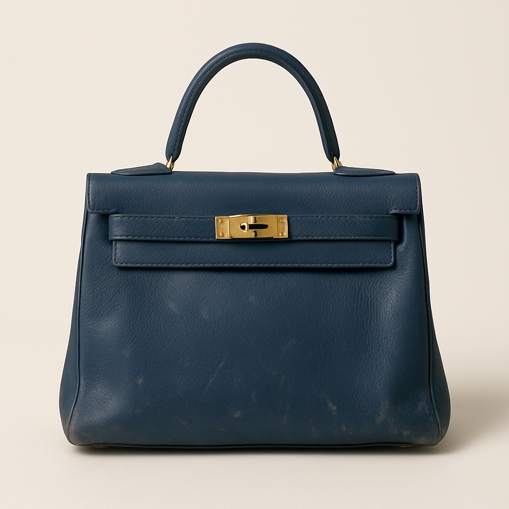 Navy leather handbag before restoration showing wear and scratches